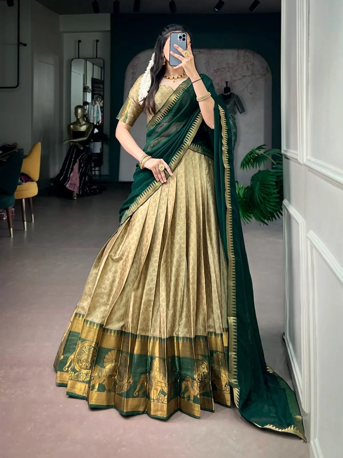 Green Poly Cotton Lehenga adorned with elegant Zari Weaving Work